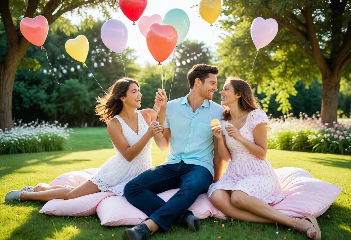 A whimsical scene depicting a playful couple engaged in fun activities, like playful pillow fighting and sharing ice cream in a sunlit park. Add heart-shaped balloons floating in the air and soft pastel colors to evoke joy and romance. Include light sparkles around the couple to emphasize the playful nature of love. Cartoonish style with vibrant colors. cheerful and whimsical.