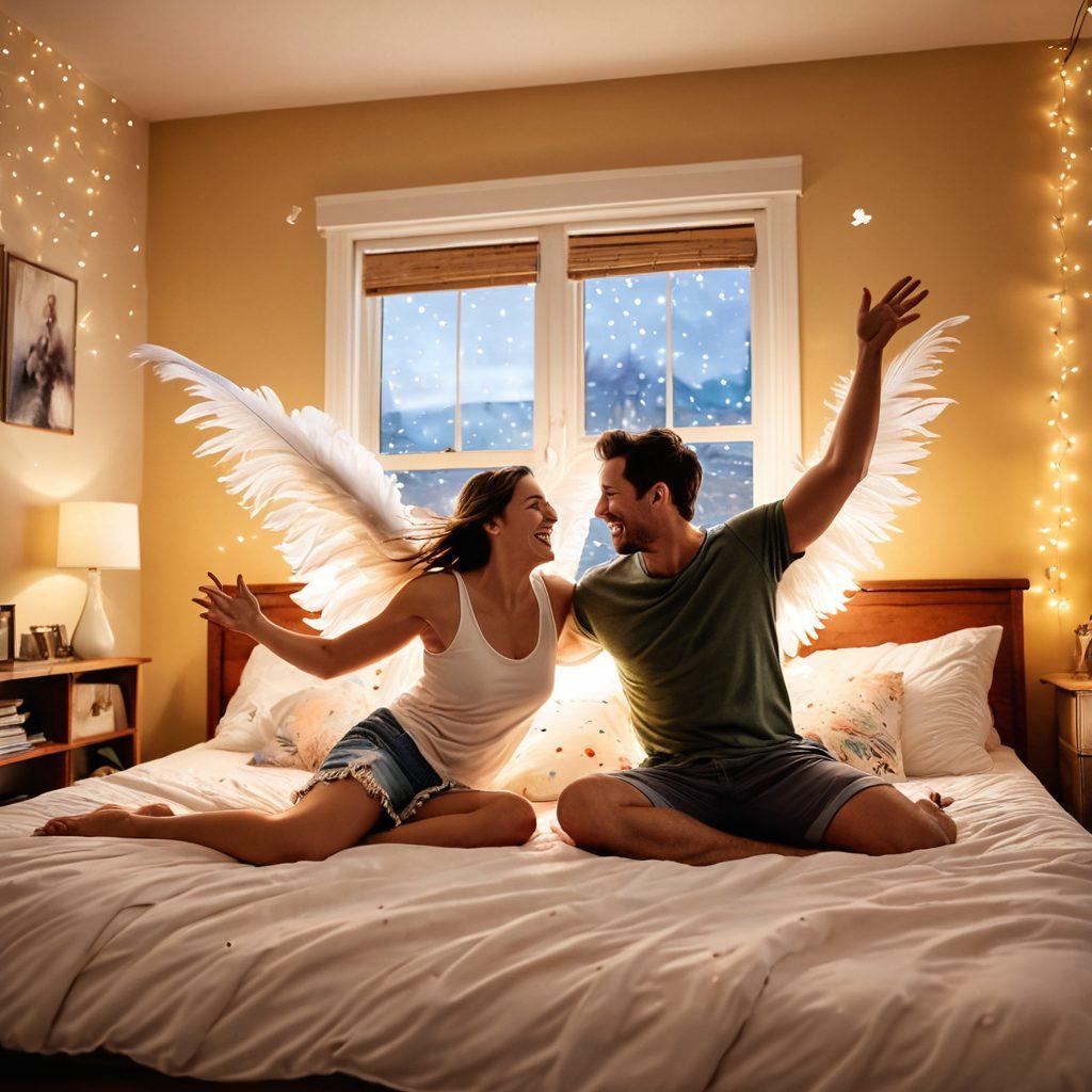 A whimsical scene depicting a couple playfully engaging in a pillow fight in a cozy, romantic bedroom filled with soft pillows and blankets. Light fairy lights twinkle in the background, casting a warm glow, while laughter and joy radiate from their expressions. Illustrate a sense of movement, fun, and intimacy. Detailed and vibrant colors. 3D.