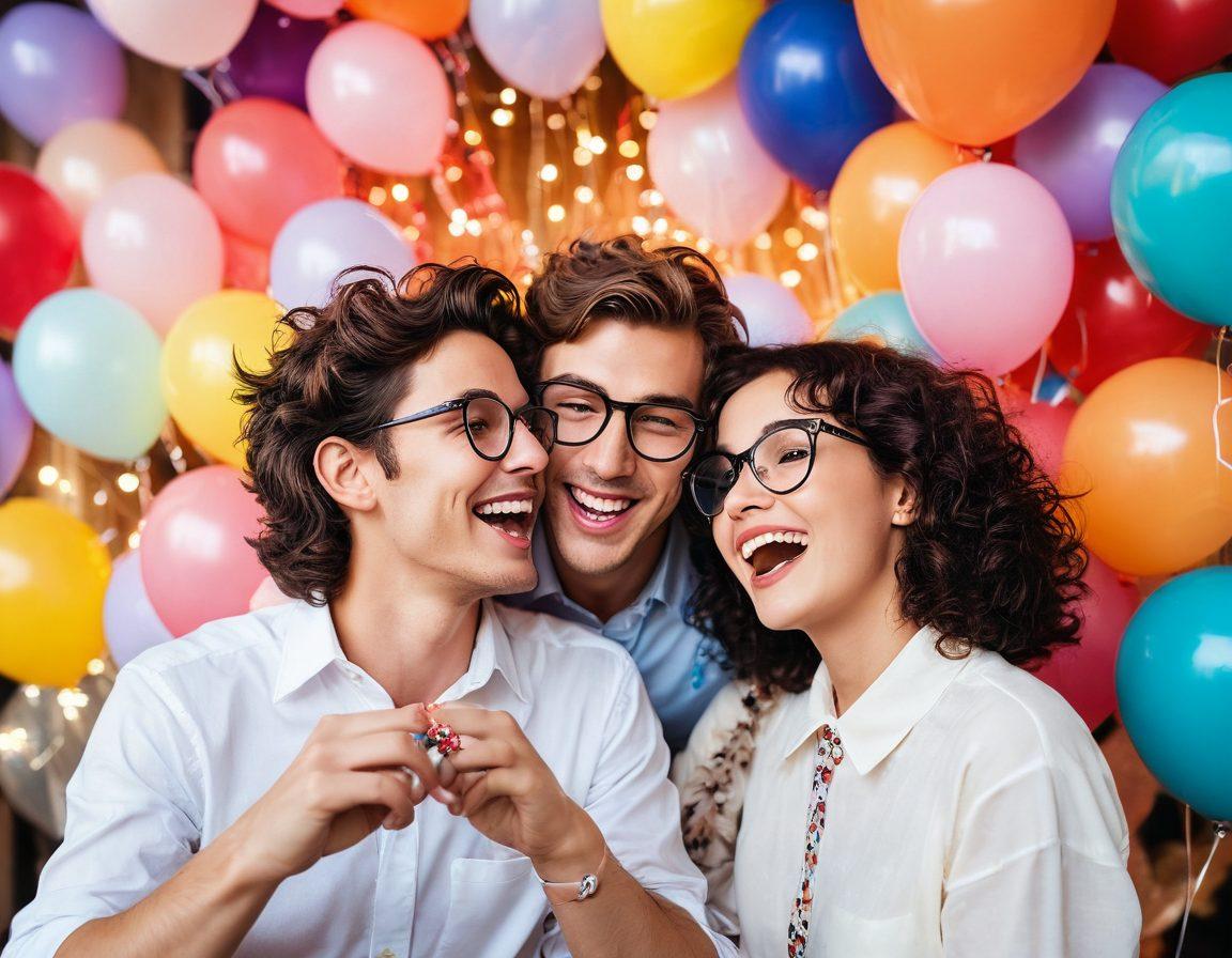 A cozy scene depicting a couple playfully teasing each other with silly props, surrounded by colorful heart-shaped balloons and playful confetti. The setting is bright and cheerful, featuring a warm ambiance with soft fairy lights in the background. Showcase expressions of joy and affection on their faces, illustrating the playful side of love. vibrant colors. soft focus. whimsical style.